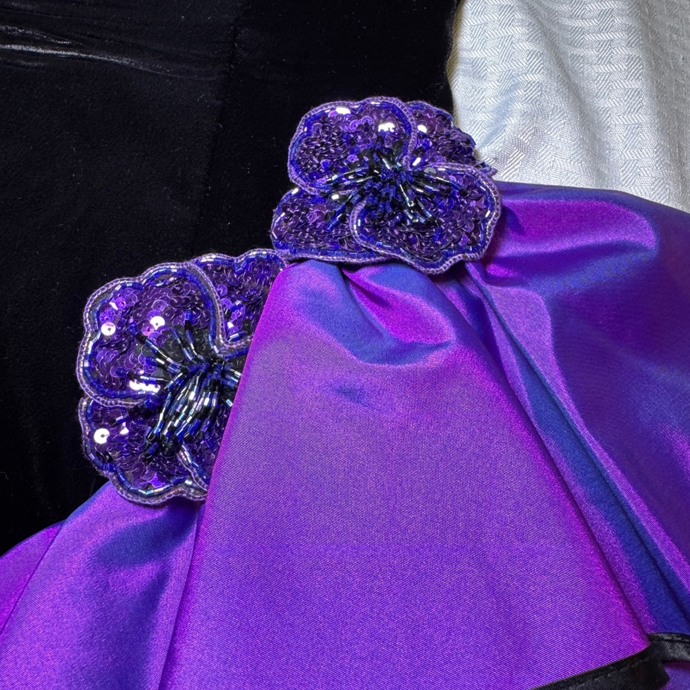 Vintage New Leaf 80s Black Velvet Purple Ruffle Beaded Floral Cocktail Dress 4 - Picture 7 of 10